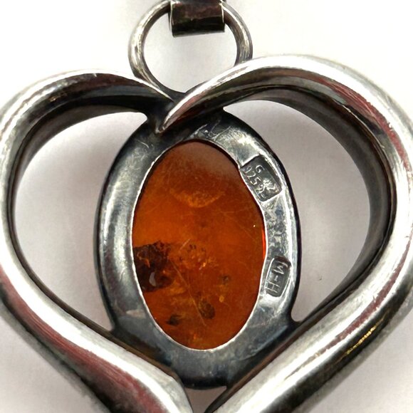 Vintage Baltic Amber Heart Pendant Necklace Sterling Silver 925 17” Chain - Picture 4 of 15